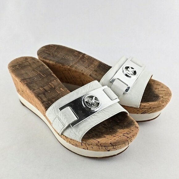 Michael Kors Women's White Wedge Cork Wedge Platform Slip On Sandal Size 6.5M - Picture 1 of 16